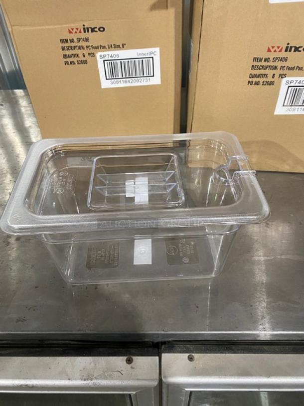 Winco SP7406/SP7400C 1/4-size clear polycarbonate food pan with slotted cover, 6" deep, brand new, in commercial packaging.