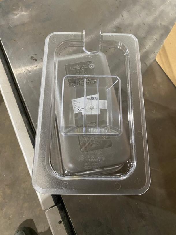 Winco SP7406/SP7400C clear polycarbonate 1/4-size 6" food pan with slotted lid, brand new, visible label.