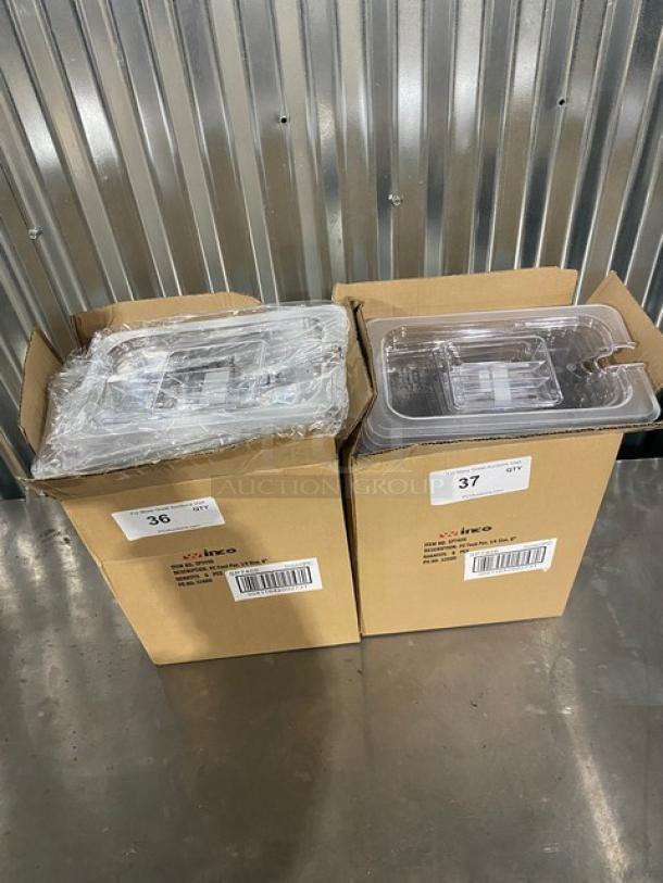 Brand new Winco SP7406/SP7400C 1/4-size food pan, 6" deep, clear polycarbonate, includes slotted lid, packaged in box.