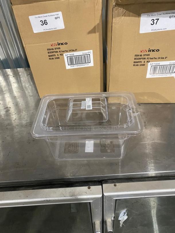 Winco commercial clear polycarbonate 1/4-size 6" deep food pan with slotted lid, models SP7406/SP7400C, brand new condition.
