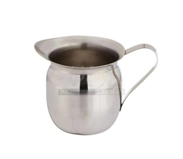 Winco stainless steel 8 oz. bell creamer, model BCS-8, brand new, polished finish, ergonomic handle, 12 per case.