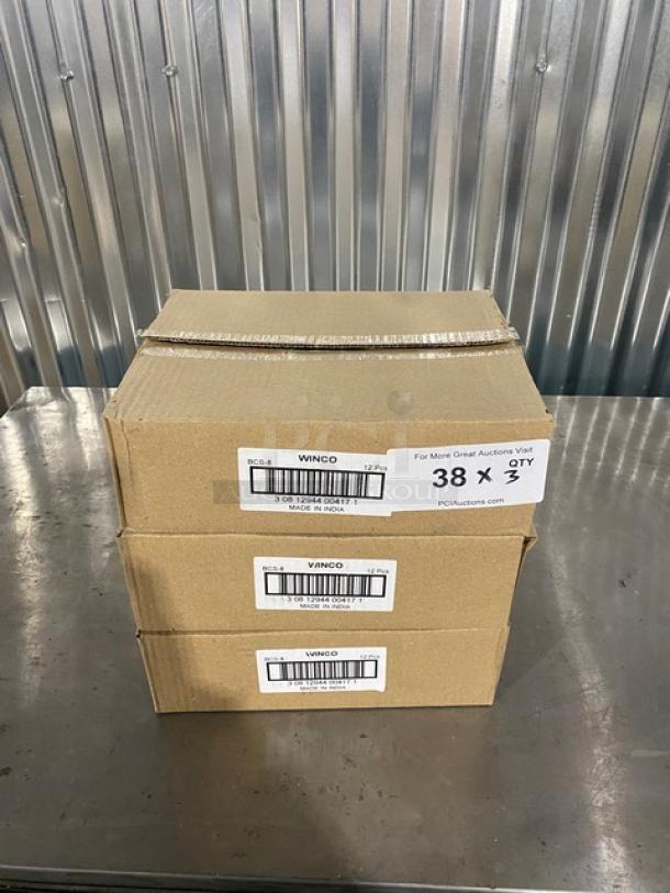 Winco BCS-8 stainless steel 8 oz. bell creamers, new in box, 12 per case, three boxes, barcode labels visible.