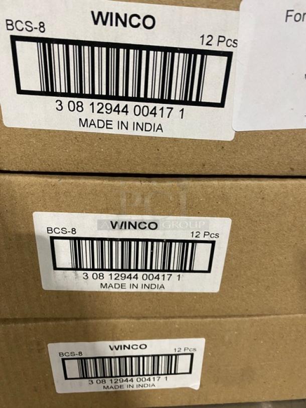 Winco BCS-8 stainless steel 8 oz. bell creamer, 12 per case, brand new, Made in India. Model BCS-8, barcode visible.