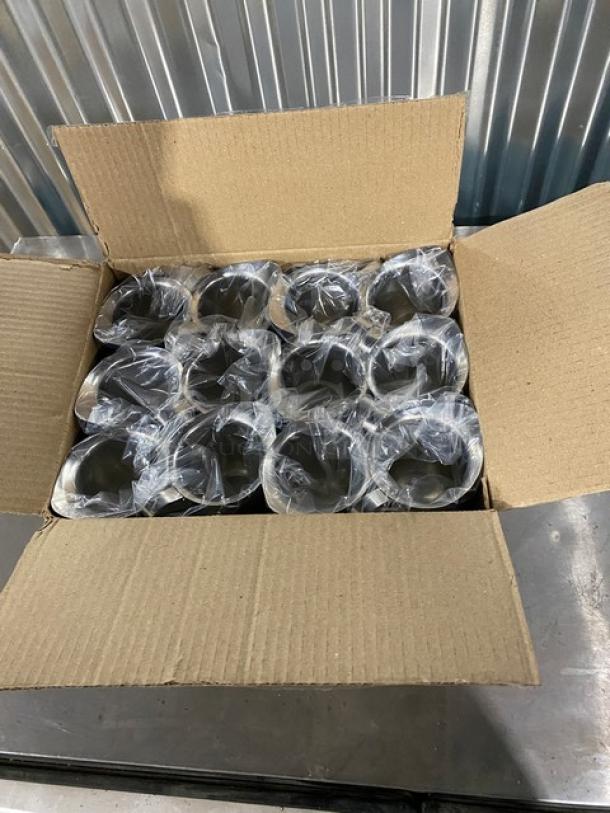 Box of 12 new Winco BCS-8 stainless steel 8 oz. bell creamers, each wrapped in plastic for protection.