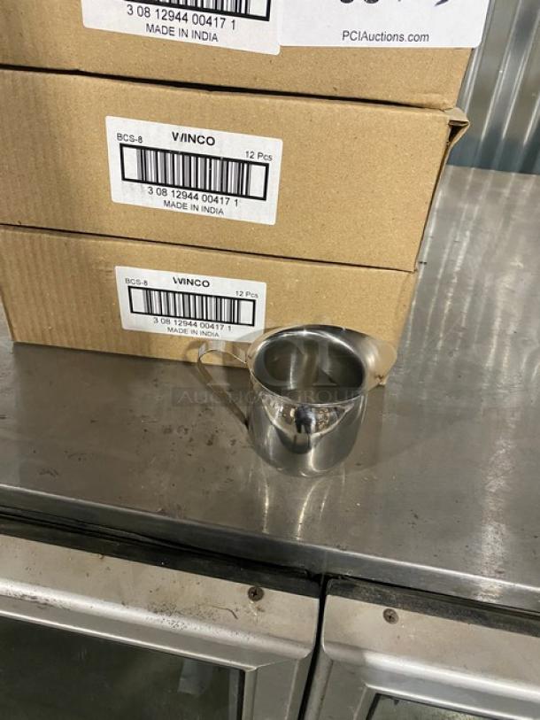 Brand new Winco BCS-8 stainless steel 8 oz. bell creamer, 12 per case, in pristine condition. Made in India.
