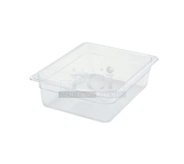 Winco clear polycarbonate 1/6-size food pan, 2.5" deep, model SP7602/SP7500C, includes slotted lid, new condition.