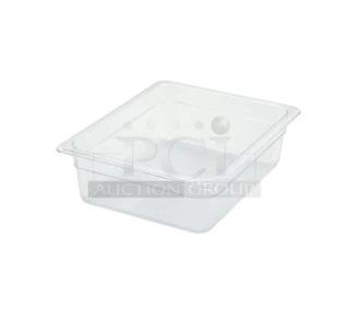 Winco clear polycarbonate 1/6-size food pan, 2.5" deep, model SP7602/SP7500C, includes slotted lid, new condition.