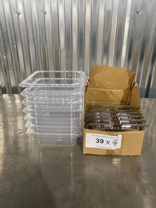 Winco SP7602/SP7500C food pans, polycarbonate, 1/6-size, 2.5" deep, with slotted lids, new condition, bulk packaging.