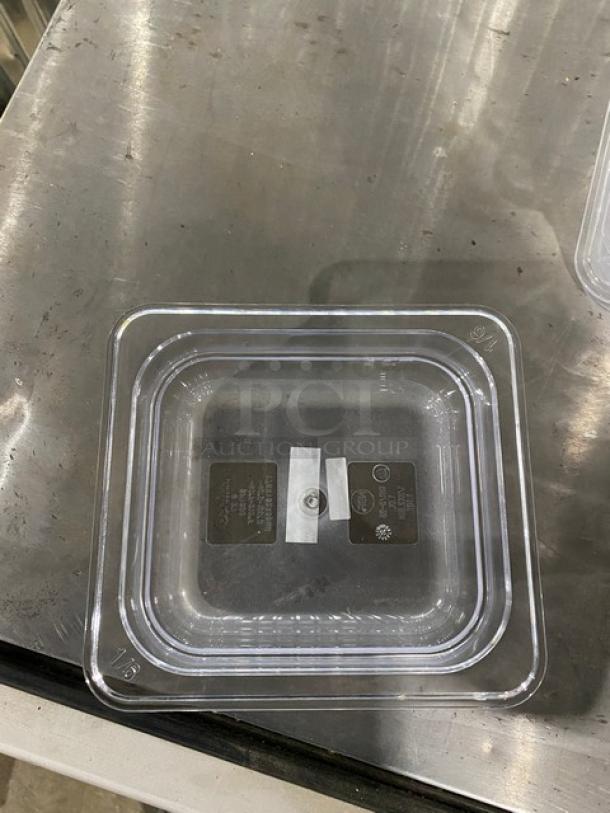 BRAND NEW Winco SP7602/SP7500C clear polycarbonate 1/6-size food pan with slotted lid, 2.5" deep, visible tags.