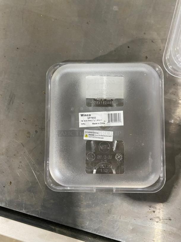 Brand new Winco commercial polycarbonate 1/6-size 2.5" deep food pan with slotted lid, model SP7602/SP7500C.