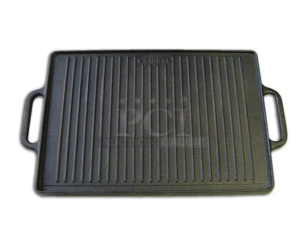 Brand new Guison 35x50cm rectangular plancha griddle; black enamelled cast iron, commercial-grade, dual handles.
