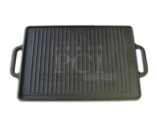 Brand new Guison 35x50cm rectangular plancha griddle; black enamelled cast iron, commercial-grade, dual handles.