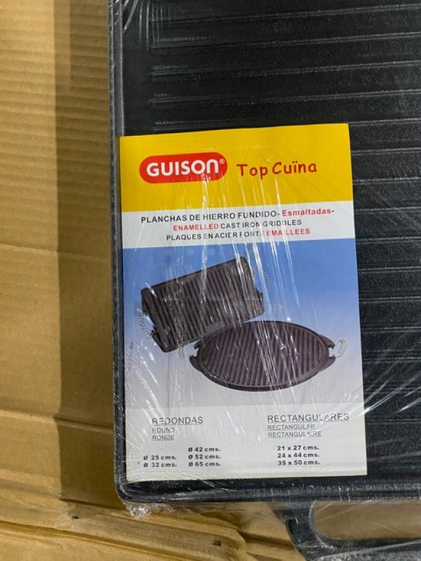 Brand new Guison black enamelled cast iron rectangular griddle, 35cmx50cm. Includes label with size details.