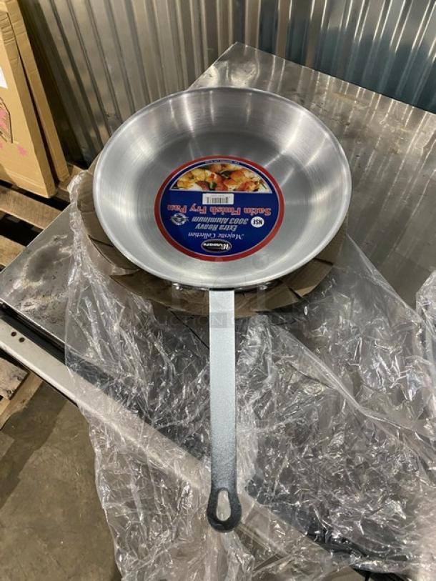 Winco Winware 14" aluminum fry pan, model AFP-14S, new with satin finish. Features a sturdy handle and original label.