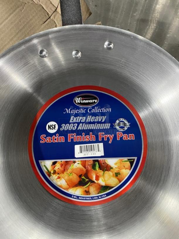Winco 14" round fry pan, Model AFP-14S, satin finish, commercial aluminum, Majestic Collection, new with product label.