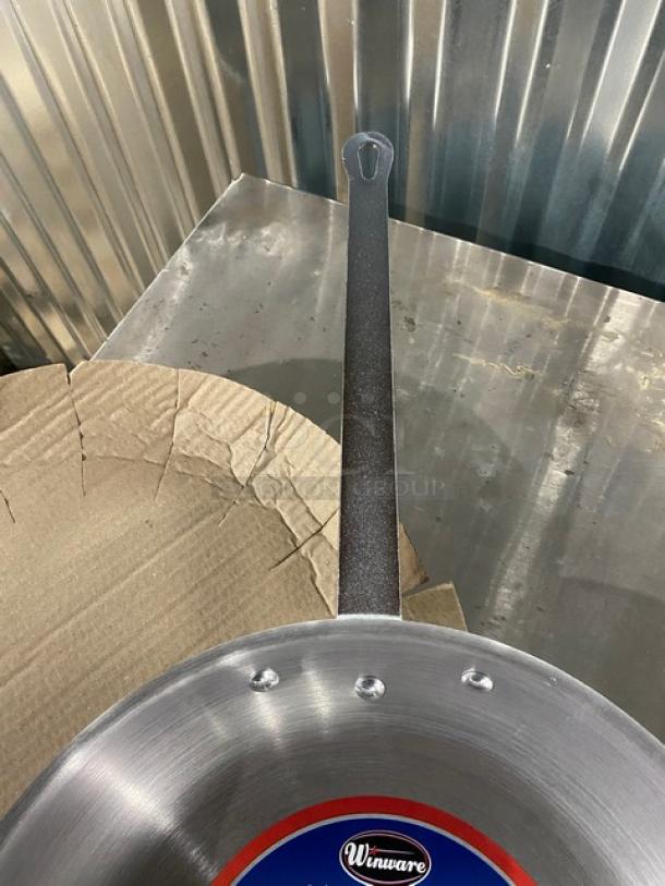 Winco Winware Majestic Collection 14" round fry pan, model AFP-14S, brand new, aluminum satin finish, with label visible.