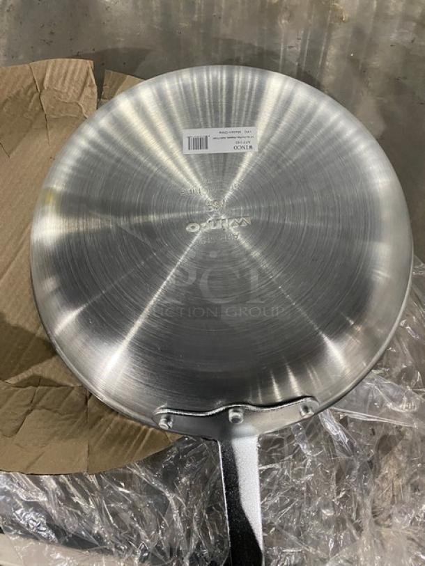 Winco 14" round fry pan, model AFP-14S, brand new. Aluminum with satin finish, marked with brand label and model.