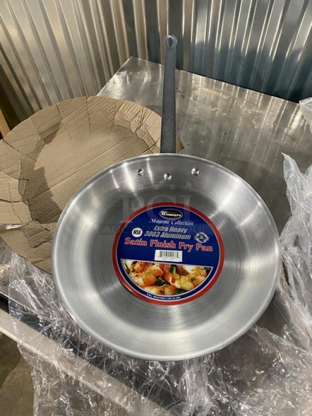 Brand new Winco 14" fry pan, Model AFP-14S, Majestic Collection, satin finish, commercial aluminum, with label.