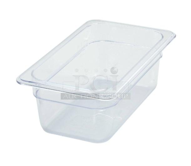 Brand new Winco SP7404 clear polycarbonate 1/4-size food pan, 4" deep. Ideal for commercial use.