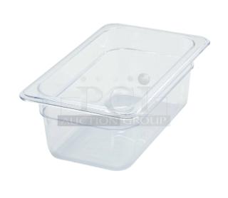 Brand new Winco SP7404 clear polycarbonate 1/4-size food pan, 4" deep. Ideal for commercial use.