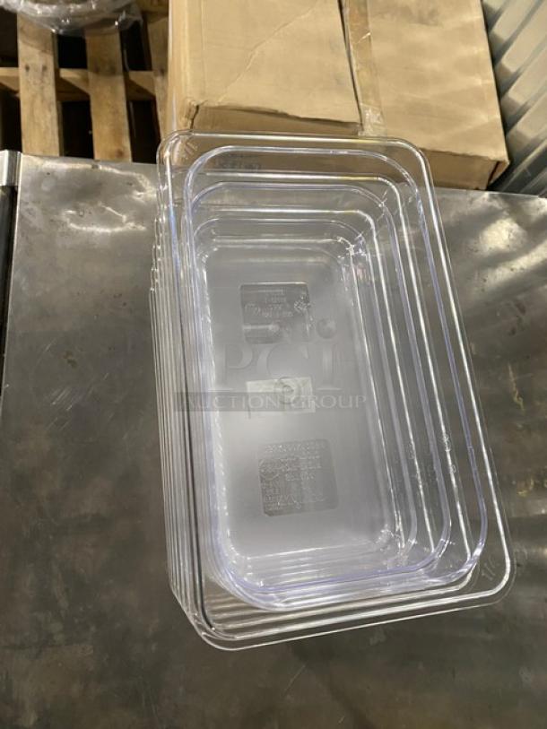 Brand new Winco SP7404 clear polycarbonate 1/4-size food pan, 4" deep, stackable.