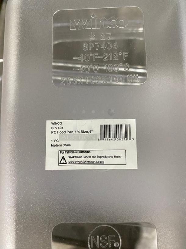 Brand new Winco SP7404 food pan, clear polycarbonate, 1/4-size, 4" deep. Temperature range: -40°F to 212°F. NSF certified.