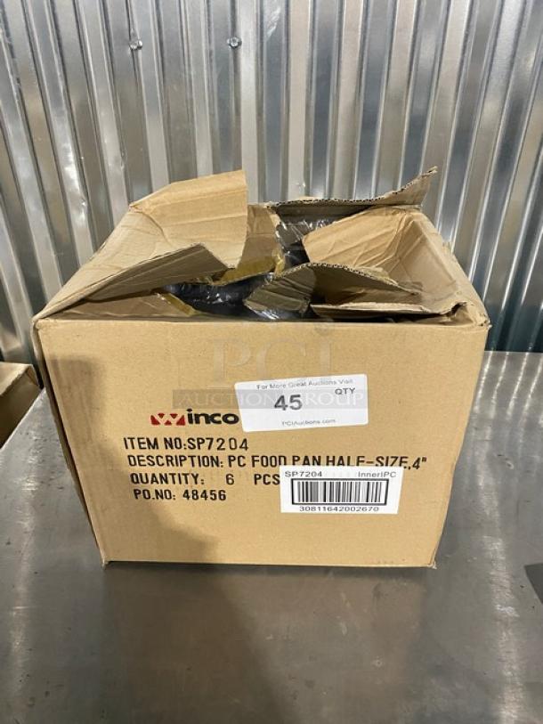 BRAND NEW Winco SP7204 clear polycarbonate 1/2-size 4" deep food pan, in original packaging, box of 6.