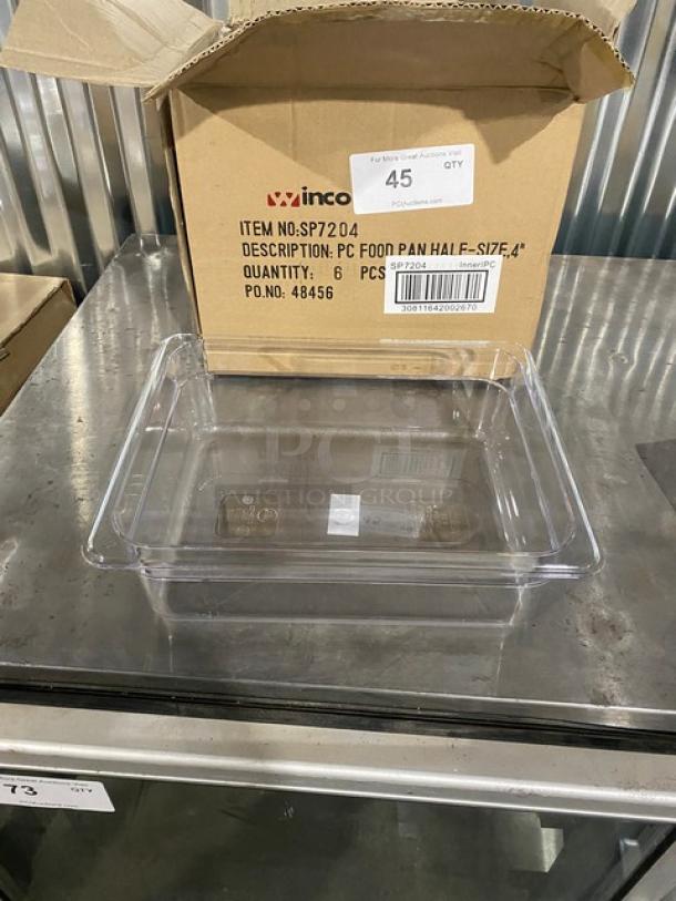 Brand new Winco SP7204 polycarbonate 1/2-size food pan, 4" deep, clear, in original packaging, commercial use.