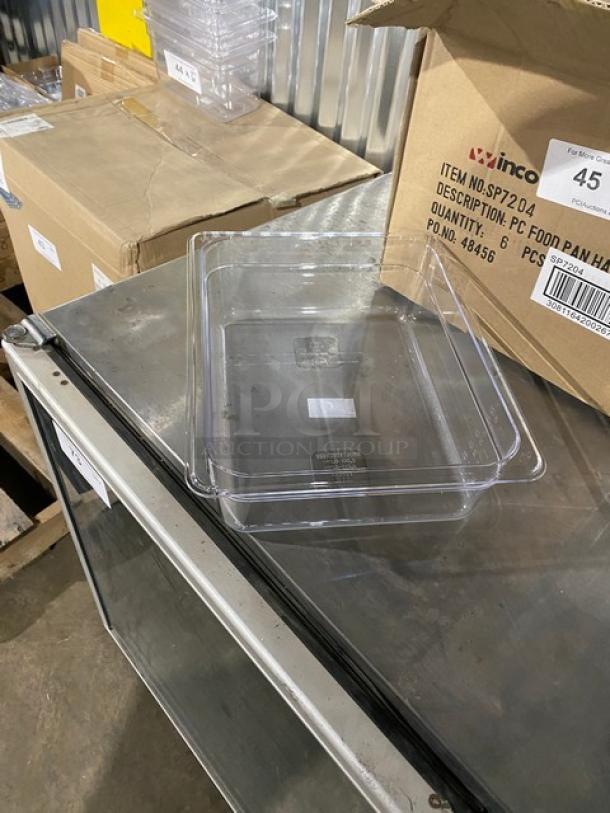 Winco SP7204 clear polycarbonate 1/2-size food pan, 4" deep, brand new, durable, ideal for commercial use.