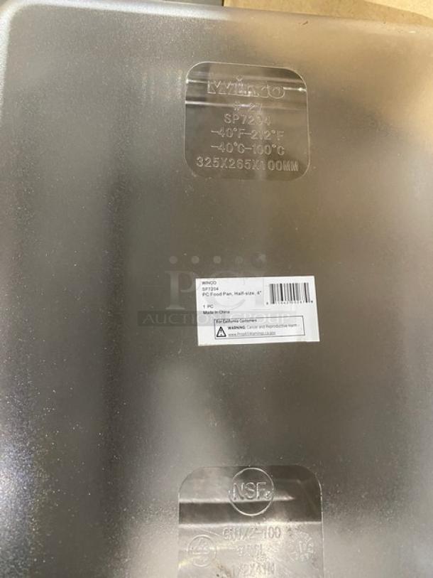 Winco SP7204 1/2-Size Clear Polycarbonate Food Pan, 4" deep, brand new, with temperature markings and NSF label.