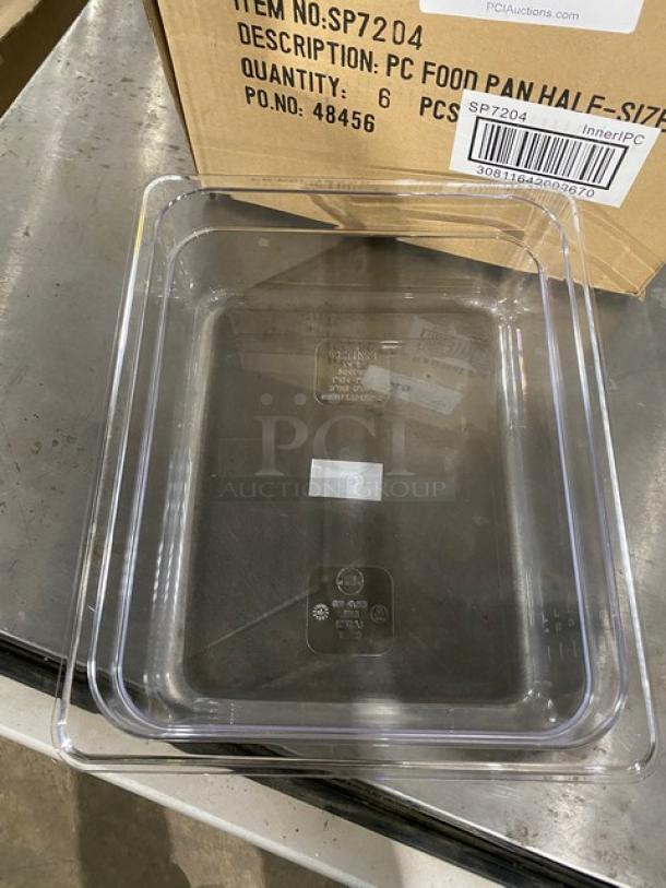 Brand new Winco SP7204 1/2-size food pan, clear polycarbonate, 4" deep, with labeled packaging, perfect condition.