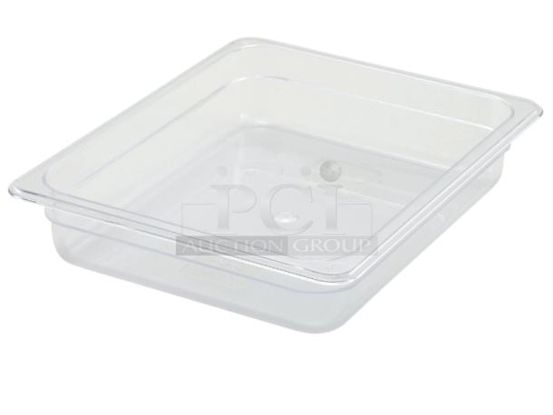 Brand new Winco SP7202 clear polycarbonate food pan, 1/2-size, 2.5" deep, ideal for commercial use.