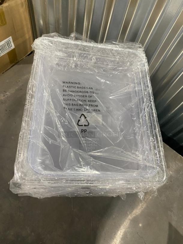 Winco SP7202 clear polycarbonate 1/2-size food pan, 2.5" deep, brand new in packaging with safety warning label.