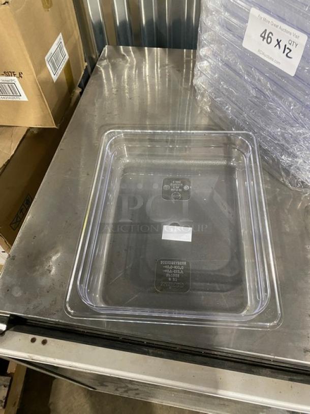 Brand new Winco SP7202 clear polycarbonate food pan, 1/2-size, 2.5" deep, durable design, ideal for commercial use.
