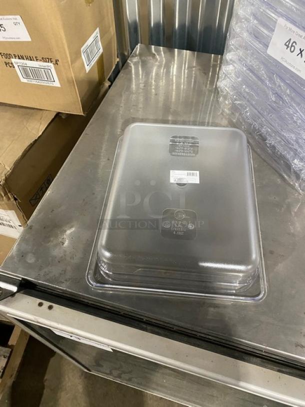 Winco SP7202 clear polycarbonate 1/2-size food pan, 2.5" deep, brand new, with labels indicating model and specifications.