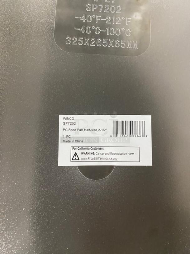 Winco SP7202 clear polycarbonate 1/2-size food pan, 2.5" deep. Brand new with label. Temperature range: -40°F to 212°F. Made in China.