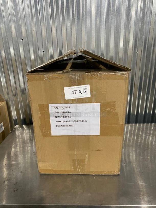 Brand new Waring stainless steel fry baskets, model LFB10, 6 pieces per box. Features black grip handle. Box labeled with size and weight.