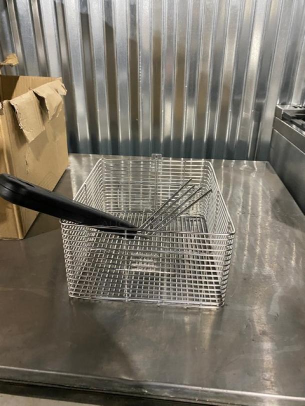 Brand new Waring LFB10 stainless steel deep fry basket, 9.5"x8", 4.5" deep, with black grip handle.