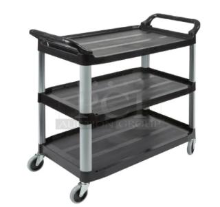 Brand new Rubbermaid 3-tier utility cart, black, open-sided design, with casters for mobility. Ideal for commercial use.