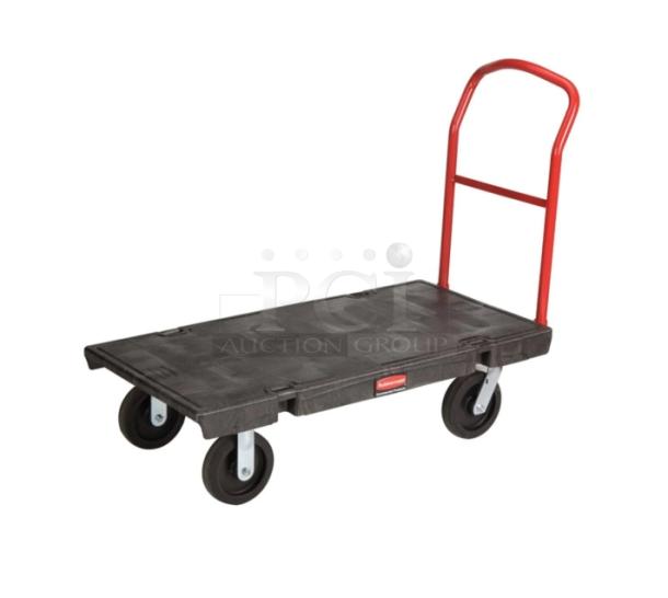 Rubbermaid FG440300BLA platform truck, 24"x36", black, heavy-duty, single handle, 5" casters, new scratch-n-dent condition.