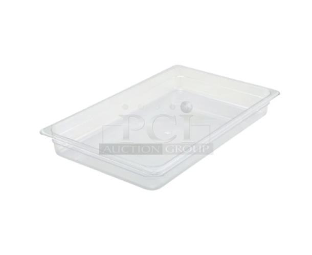 Brand new Winco SP7102 clear polycarbonate full-size food pan, 2.5" deep. Ideal for commercial use.