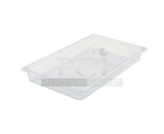 Brand new Winco SP7102 clear polycarbonate full-size food pan, 2.5" deep. Ideal for commercial use.