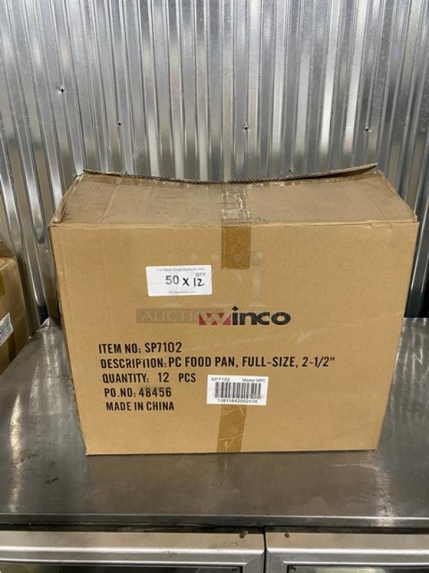 Winco SP7102 commercial food pan box, 12 pcs, full-size, 2.5" deep. New, labeled "Made in China."