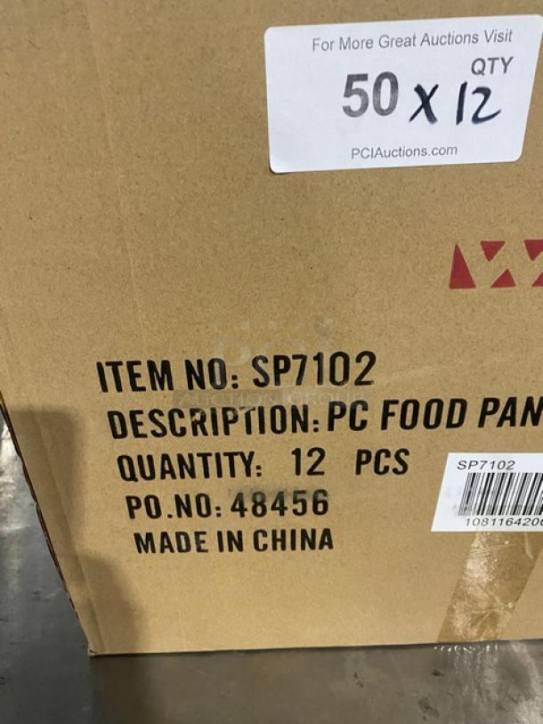 Winco SP7102 clear polycarbonate food pan, brand new, full-size, 2.5" deep, 12 pieces per box, made in China.