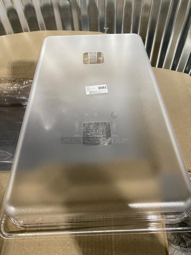 Winco SP7102 full-size food pan, clear polycarbonate, 2.5" deep, brand new. Visible model and barcode labels.