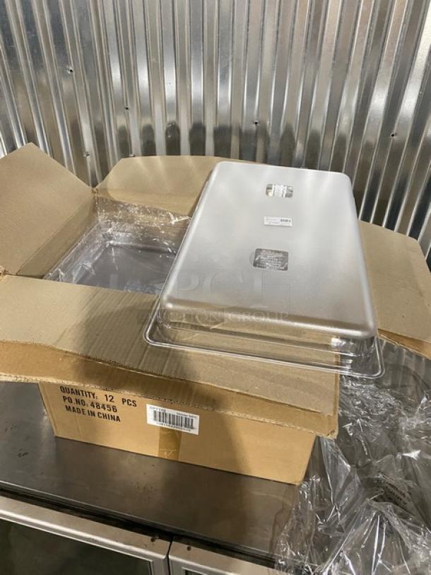 Brand new Winco SP7102 clear polycarbonate food pan, full-size, 2.5" deep, in box. Quantity: 12. Made in China.