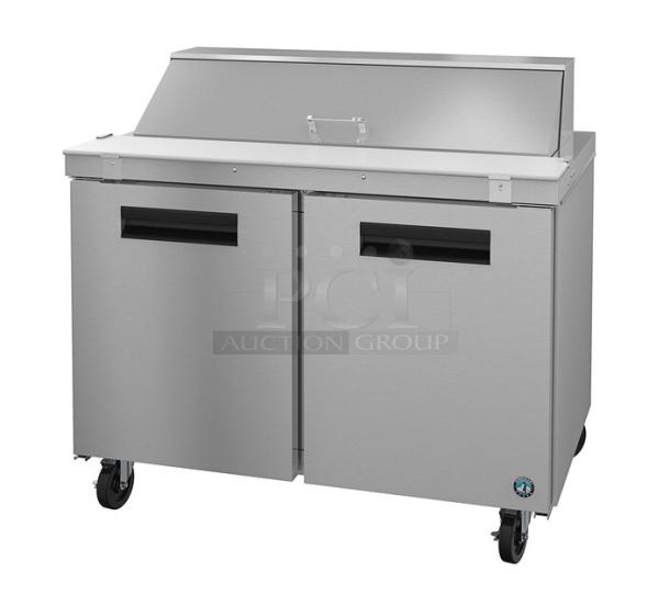 BRAND NEW Hoshizaki SR48B-12 48" stainless steel 2-door refrigerated bain marie salad/sandwich prep table on wheels.