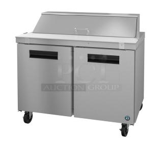 BRAND NEW Hoshizaki SR48B-12 48" stainless steel 2-door refrigerated bain marie salad/sandwich prep table on wheels.