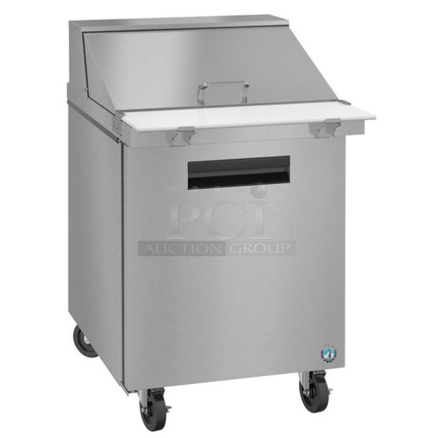 Brand new Hoshizaki stainless steel single door refrigerated bain marie, 27" mega top, model SR27B-12M, with caster wheels.