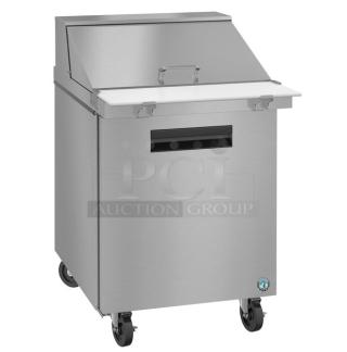 Brand new Hoshizaki stainless steel single door refrigerated bain marie, 27" mega top, model SR27B-12M, with caster wheels.